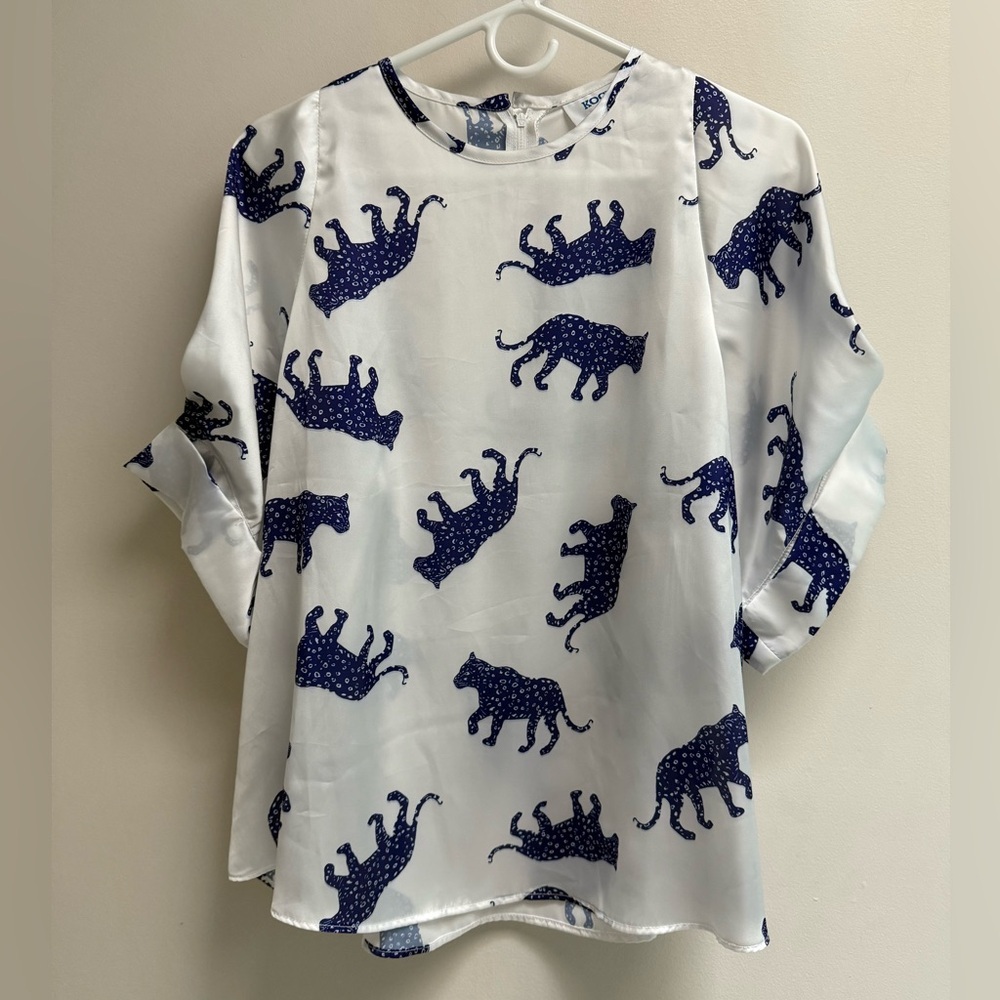 KOCH Women’s White and Blue Jaguar Christiano Short Cap Sleeve Shirt-Size Large - Picture 7 of 10
